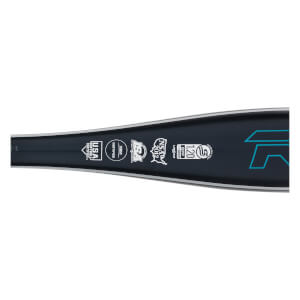 Side view of a dark blue fastpitch softball bat with multiple certification logos and a blue R logo.