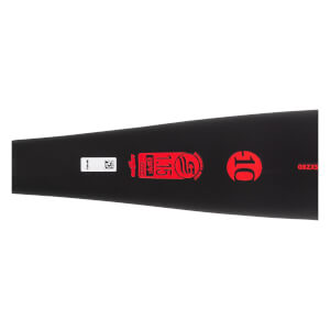 Side view of a black baseball bat with red 10 and 1.15 BPF markings.