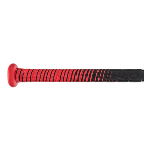 Side view of a red baseball bat with a black and red striped grip.