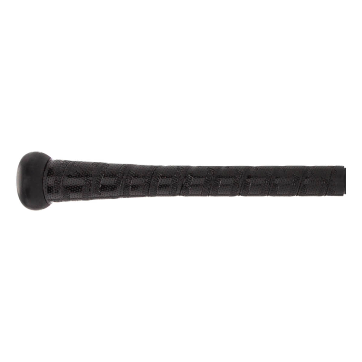 Side view of a black baseball bat with a textured grip and rounded knob.