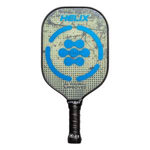 Front view of a grey pickleball paddle with blue HELIX branding and USA Pickleball Approved text.