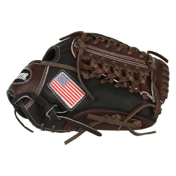 Side view of a brown and black baseball glove with an American flag patch and white stitching.