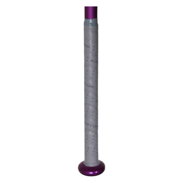 Close-up of a purple and gray Easton fastpitch softball bat with a perforated grip.