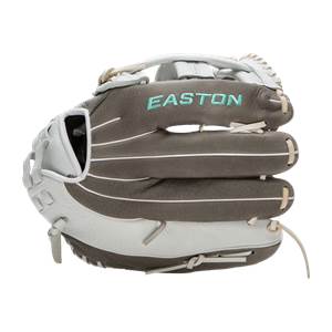 Angled front view of a dark gray and white softball glove featuring EASTON in teal lettering and white lacing.