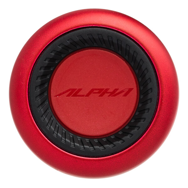 Top-down view of a red baseball bat end cap with ALPHA text and a black textured ring.