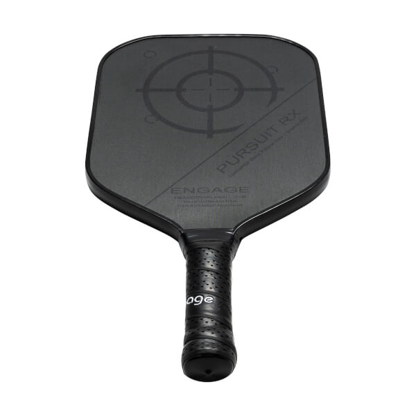 Top-down view of a black pickleball paddle with a target design, PURSUIT RX text, and ENGAGE branding.