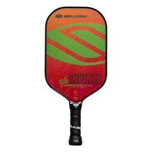 Front view of a red and orange pickleball paddle with a green S design, INVIKTA text, and black grip.
