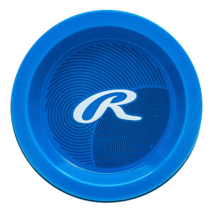 Top-down view of a blue bat end cap with a white Rawlings logo and concentric circle design.