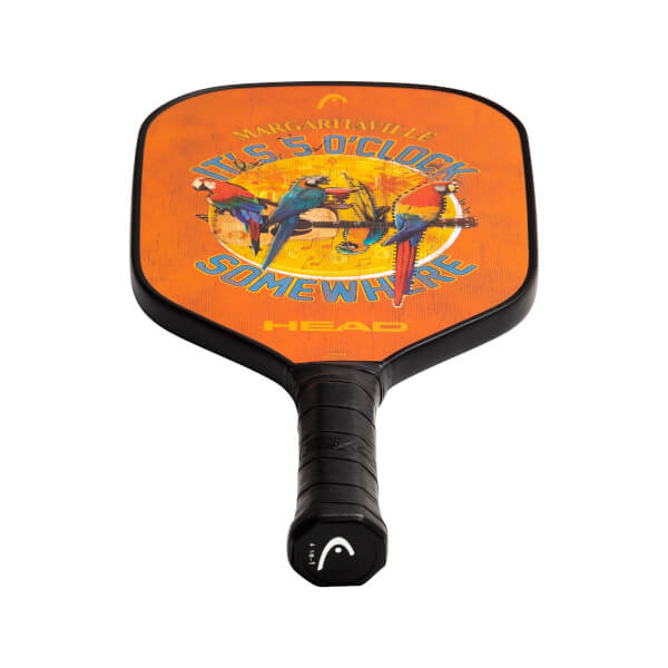 Front view of an orange pickleball paddle with parrots and ITS 5 OCLOCK SOMEWHERE text.