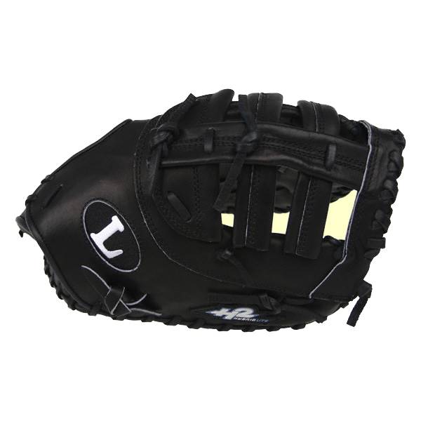 Side view of a black baseball glove with a white L logo and H2 LITE text.