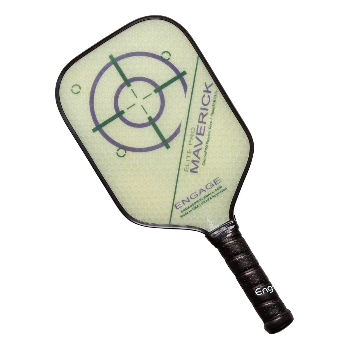 Top-down view of a light green pickleball paddle with a target graphic, Maverick text, and black grip with Eng logo.