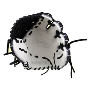 Top-down view of a white and black baseball glove with black stitching and Worth logo.