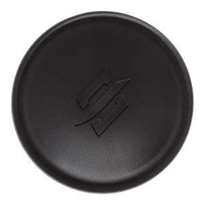 Top-down view of a black baseball bat end cap with a raised StringKing logo.