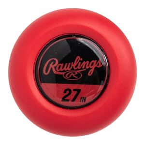 Top-down view of a red baseball bat end cap with Rawlings logo and 27 IN text.