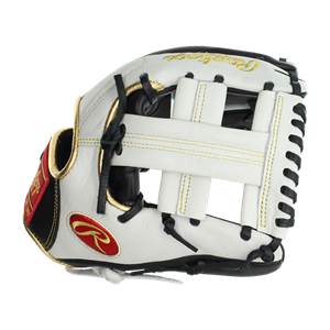 Side view of a white baseball glove with black lacing, gold trim, and a red Rawlings logo.