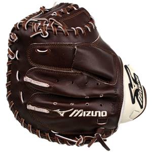 Side view of a brown Mizuno catchers mitt with white lacing and a white Mizuno logo on the wrist strap.