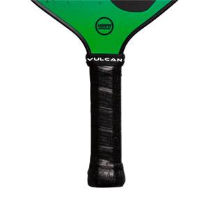 Close-up of a green pickleball paddle with a black grip, VULCAN text, and USAPA approved logo.