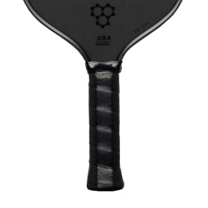 Top-down view of a black pickleball paddle with a textured surface, USA PICKLEBALL APPROVED text, and 16 mm marking.