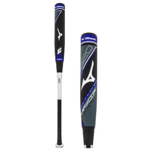 Side view of a black baseball bat with blue and white accents, featuring the Mizuno logo and MAXCOR HOT METAL text.