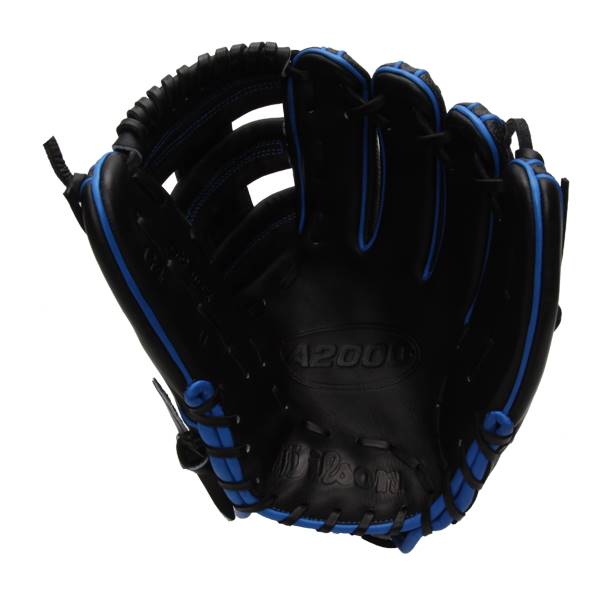Top-down view of a black baseball glove with blue lacing and A2000 embossed on the palm.