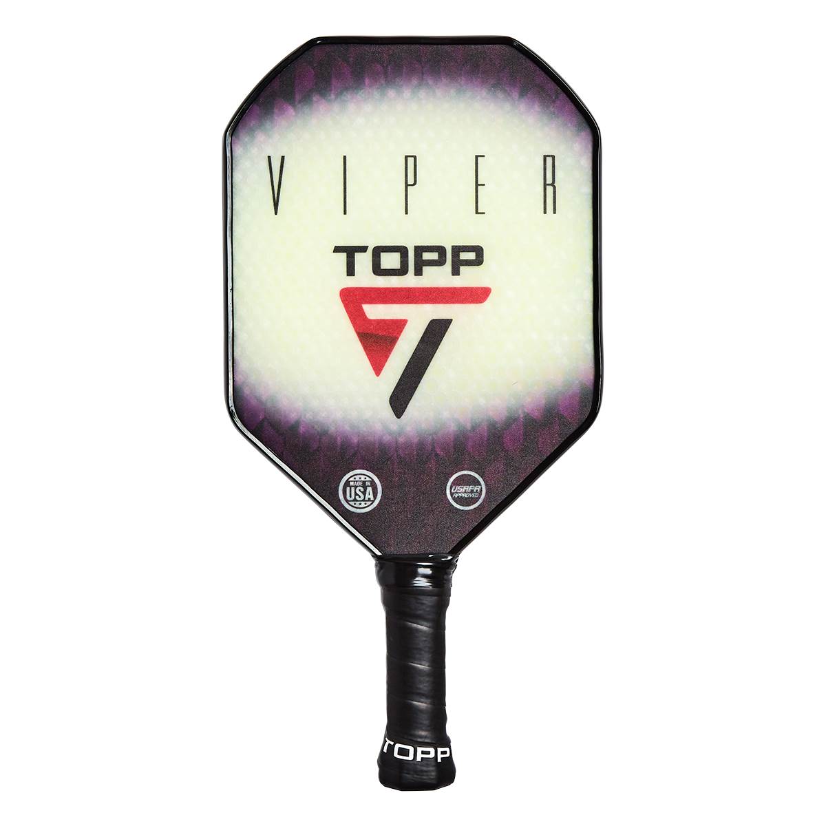 Front view of a white pickleball paddle with VIPER and TOPP logos, and a purple gradient edge.