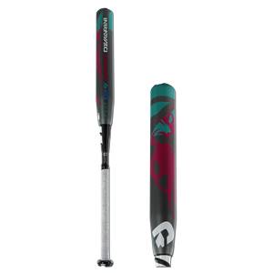 Side view of a black DeMarini fastpitch softball bat with teal and maroon graphics and a white grip.