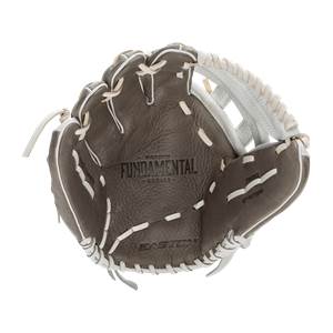 Palm view of a dark brown fastpitch softball glove with Easton Fundamental branding and white lacing.