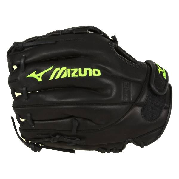 Side view of a black baseball glove with neon green Mizuno branding and adjustable strap.