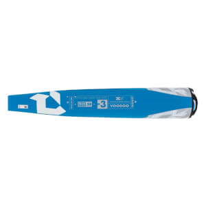 Top-down view of a blue DeMarini Voodoo baseball bat with white branding and a black end cap.