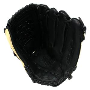 Top-down view of a black baseball glove with tan lining and visible lacing.