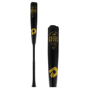 Side view of a black baseball bat with gold The Goods Original Insane text and DeMarini logo.
