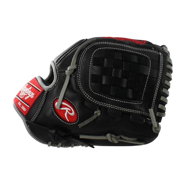 Side view of a black baseball glove with red Rawlings logo and Est. 1887 text.