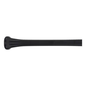 Partial side view of a black baseball bat with a prominent knob and tapering handle.