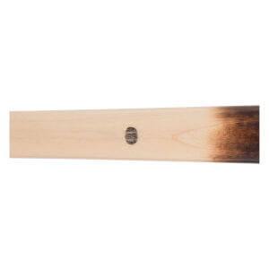 Side view of a light wood baseball bat with a dark circular mark and a gradient burnished end.