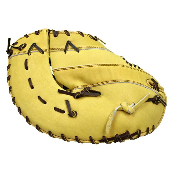 Top-down view of a yellow first base mitt with dark brown lacing and a stitched A logo.