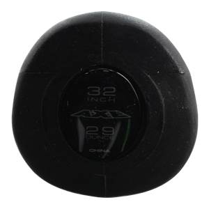 End cap view of a black baseball bat with 32 INCH, AXE, 29 OUNCE, and CHINA text.