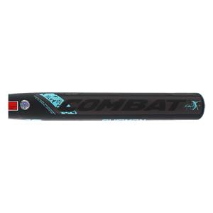 Side view of a black COMBAT softball bat with blue lettering and a signature.
