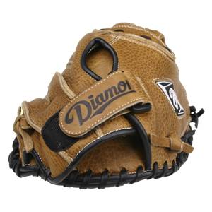 Front view of a tan baseball glove with Diamond logo and black lacing.