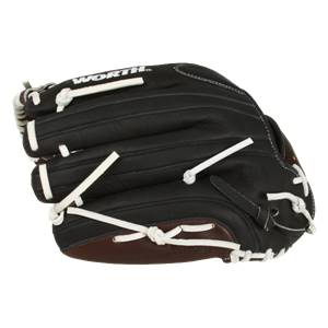 Side view of a black baseball glove with white lacing and WORTH branding.