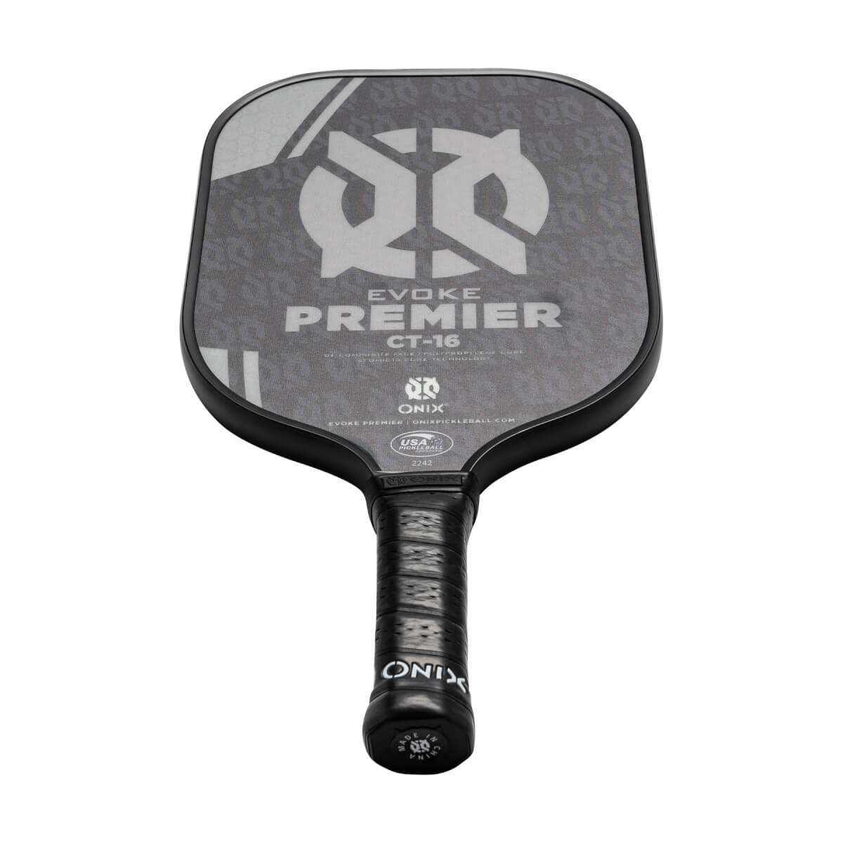 Top-down view of a black pickleball paddle with EVOKE PREMIER CT-16 and ONIX branding.