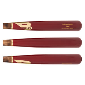 Side view of a red baseball bat with a gold B45 logo, gold text on the barrel, and a natural wood handle end.