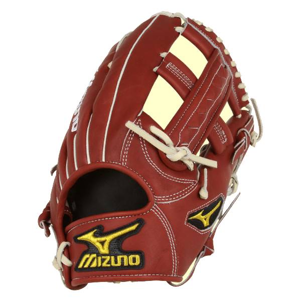 Front view of a red baseball glove with white stitching and a yellow Mizuno logo.