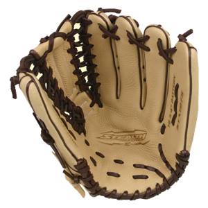 Front view of a tan baseball glove with dark brown lacing and STEALTH SPEED branding.