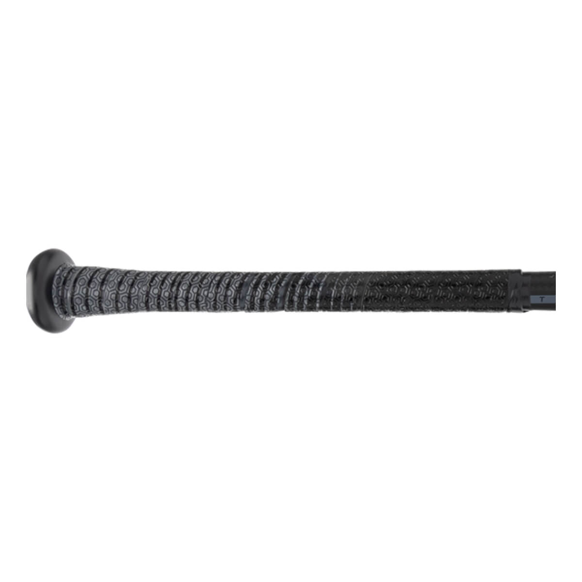 Side view of a black baseball bat with a textured grip and a rounded end cap.