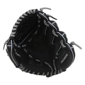 Top-down view of a black youth baseball glove with grey stitching and lacing.