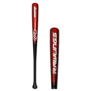Side view of a red baseball bat with a black handle, Rawlings logo, and 5150 text.