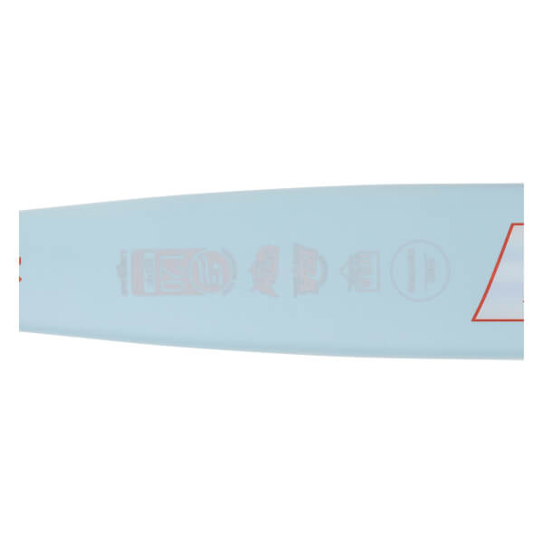 Close-up of a light blue softball bat barrel with faint red 1.20 BPF, ASA symbols, and a red warning triangle.