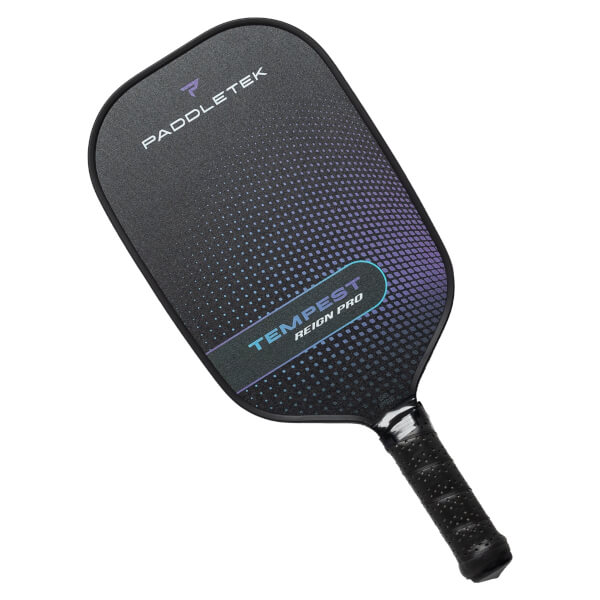 Top-down view of a black pickleball paddle with PADDLETEK and TEMPEST REIGN PRO text and a gradient dot pattern.