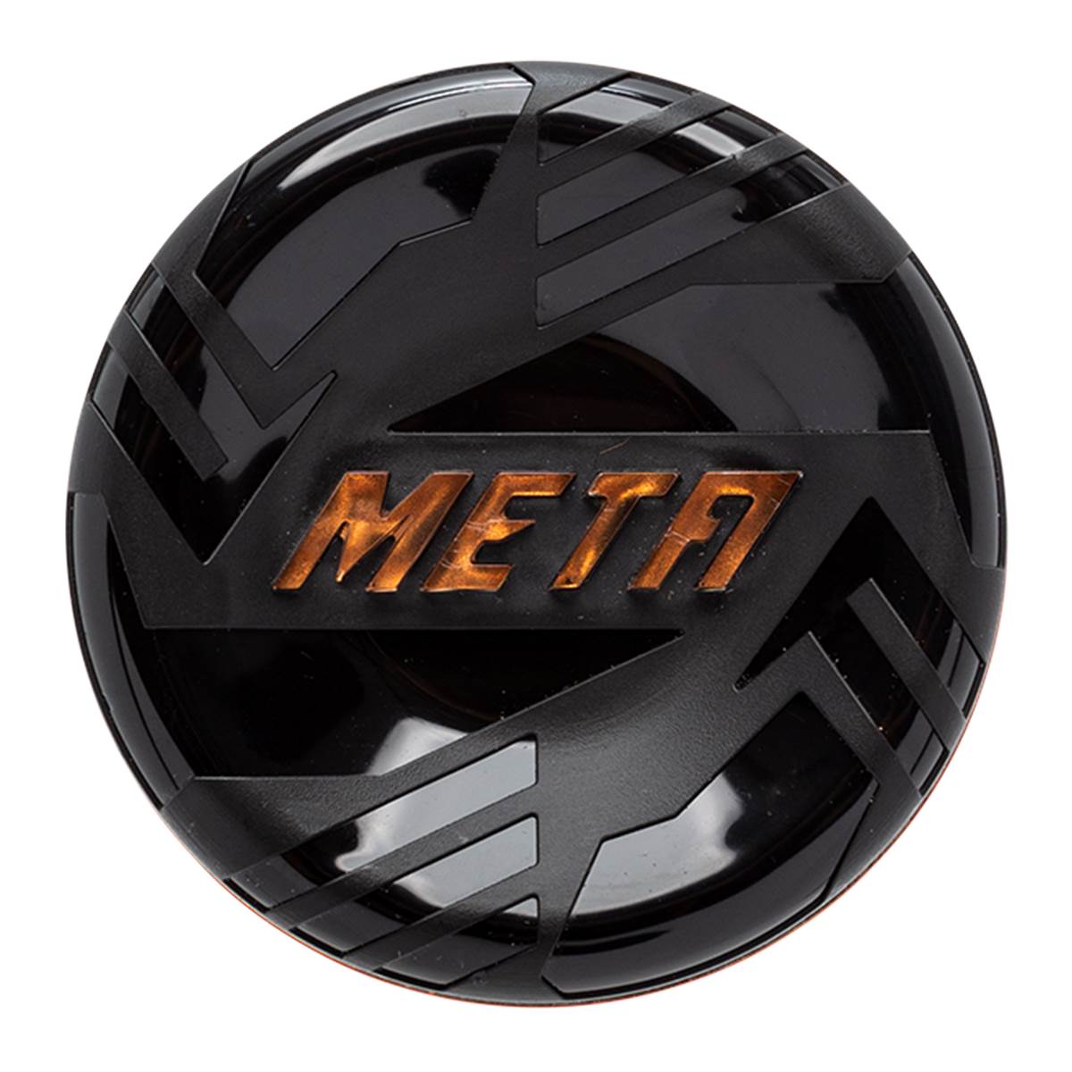 Top-down view of a black baseball bat end cap with orange META text and geometric patterns.