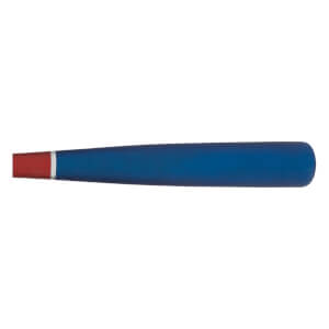 Side view of a blue baseball bat with a red end cap and silver accent band.